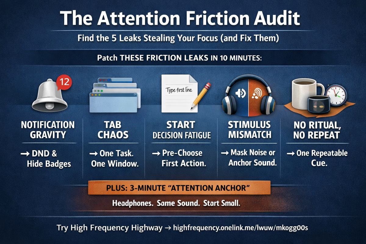 The Attention Friction Audit: Find the 5 Leaks Stealing Your Focus (and Fix Them)